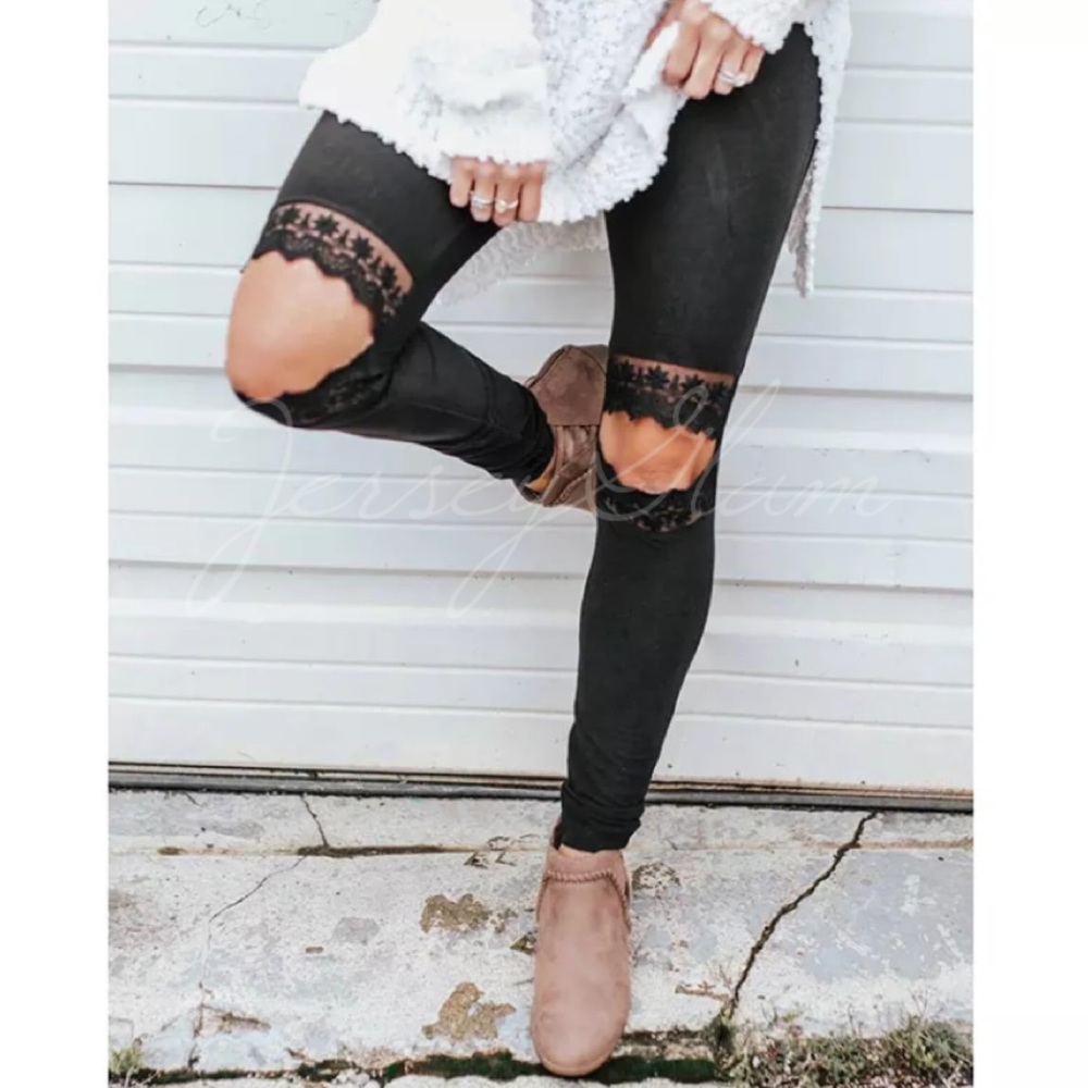 NWOT Black Faux Suede Lace Cut Out Knee Leggings
